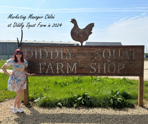 Whisper Pumps Marketing Manager Chlo&eacute; visiting Diddly Squat Farm Shop in 2024